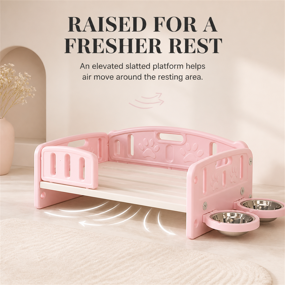 Raised slatted pink pet bed designed for airflow around the resting area