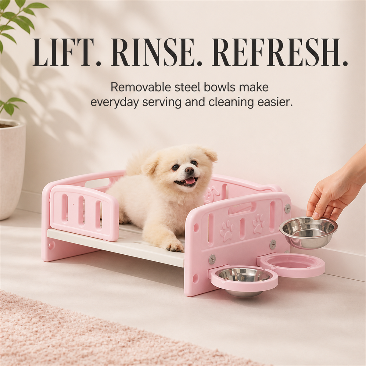 Removable stainless steel bowls on a pink dog and cat bed