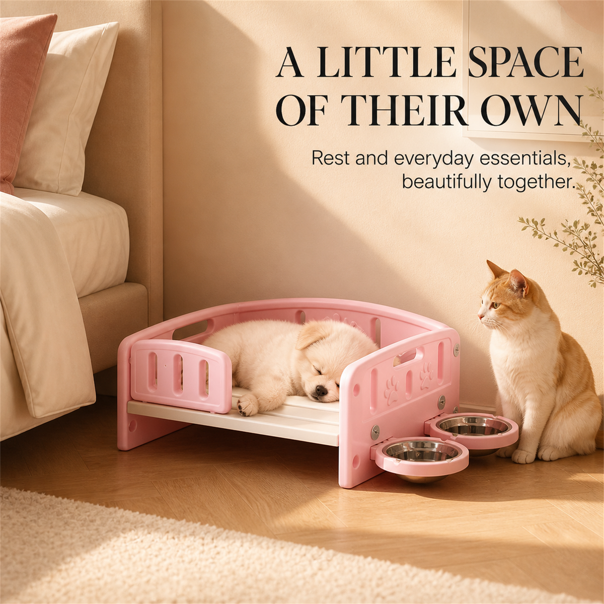 Pink indoor pet bed with bowls in a modern bedroom lifestyle scene