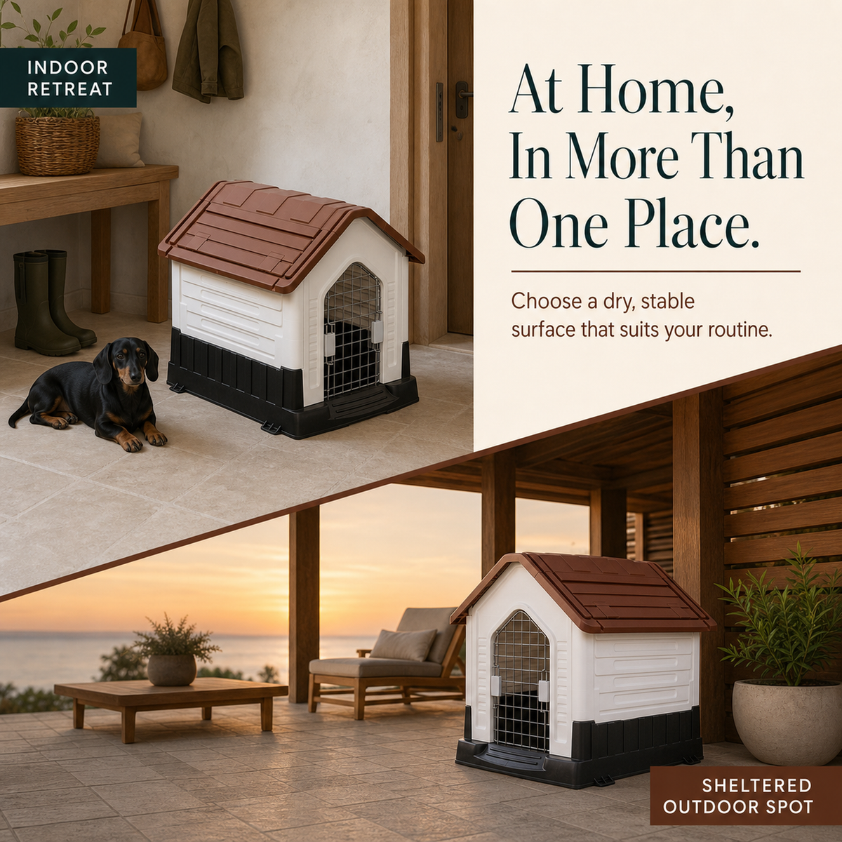 Dog house for indoor retreat and sheltered outdoor placement