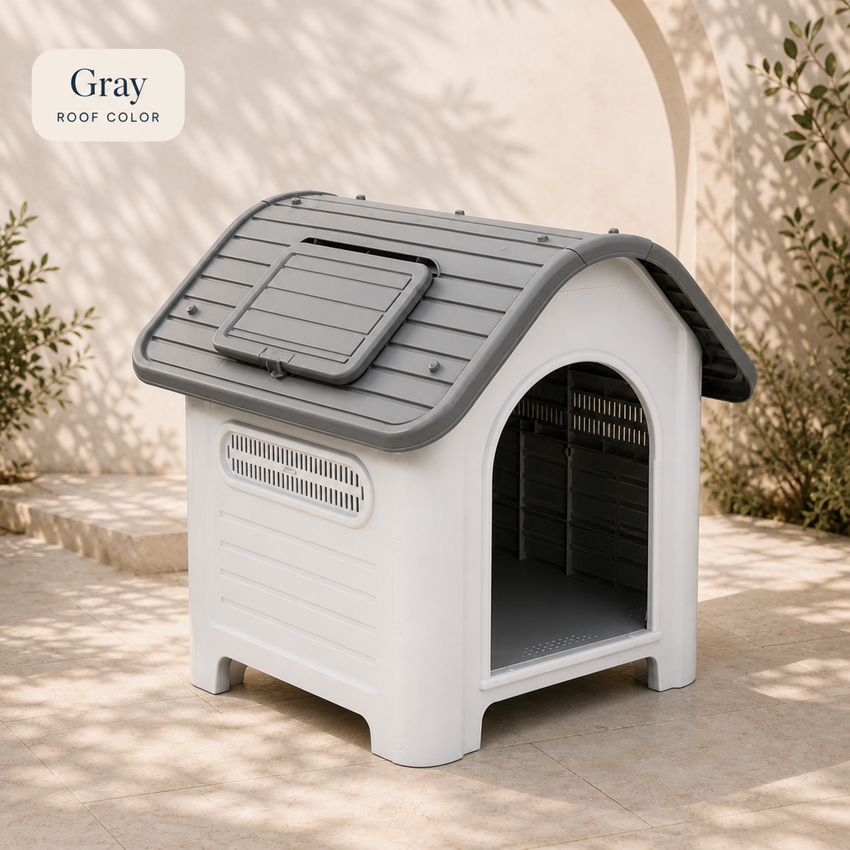 Gray roof ventilated indoor outdoor dog house