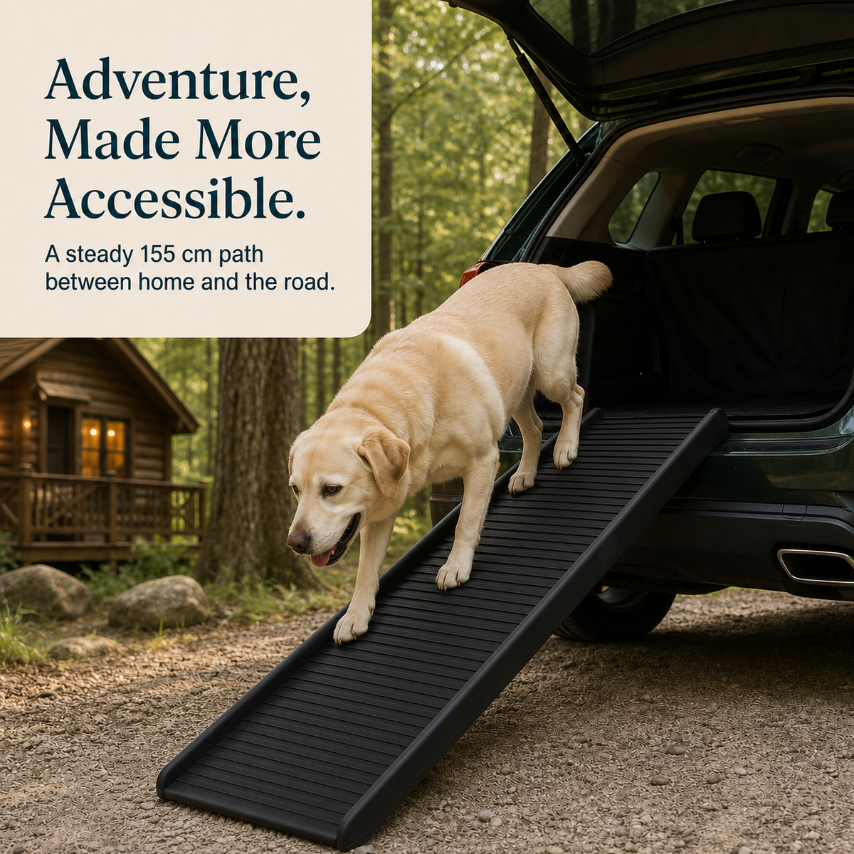Black foldable pet ramp at an SUV in an outdoor setting