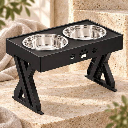 Black elevated double feeding stand with stainless steel bowls in luxury stone setting