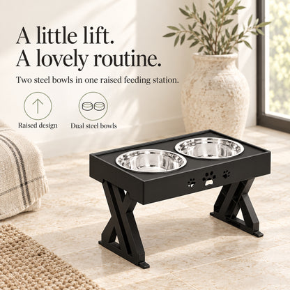 Raised X-frame feeding stand with two steel bowls