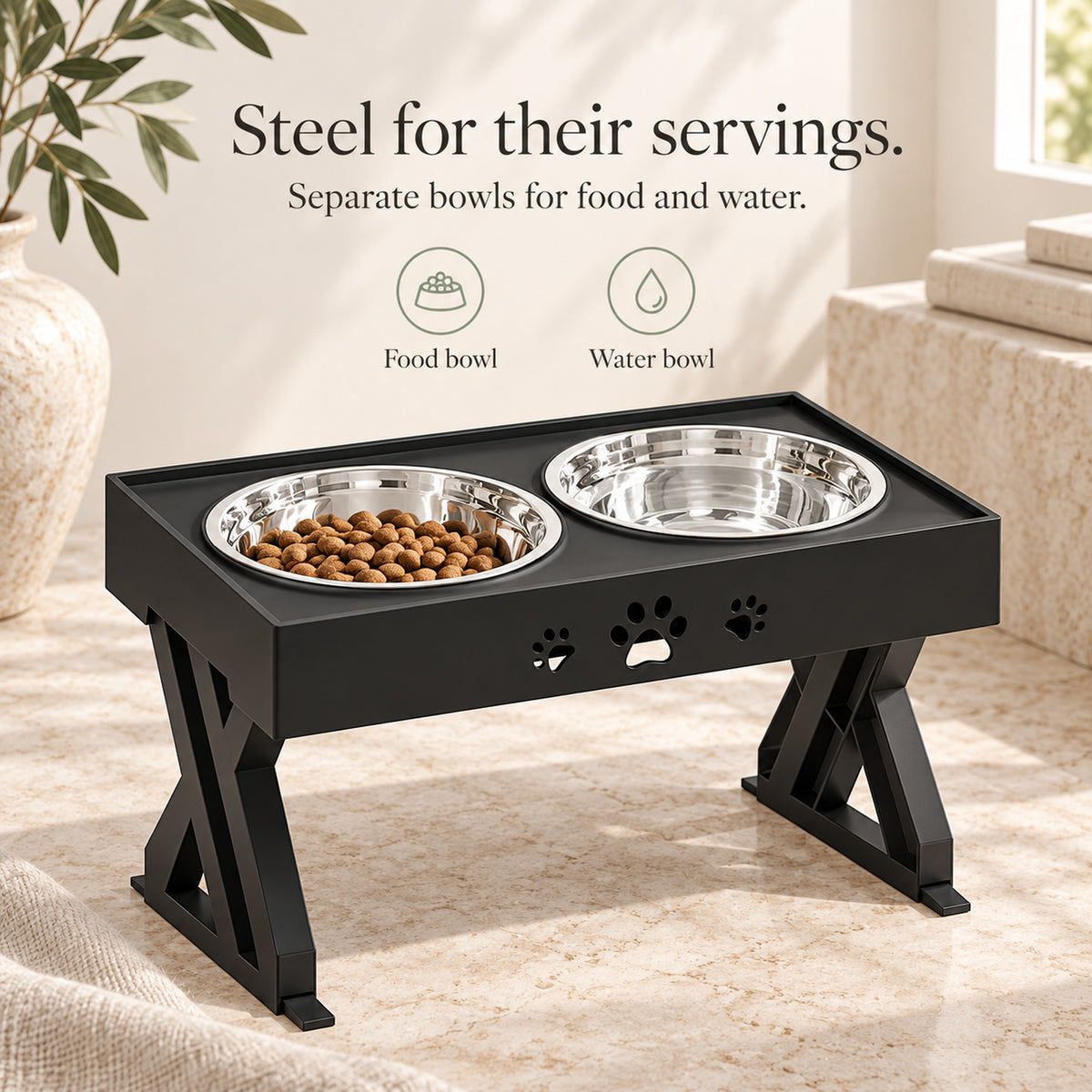 Separate steel food and water bowls in raised stand