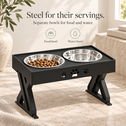 Separate steel food and water bowls in raised stand