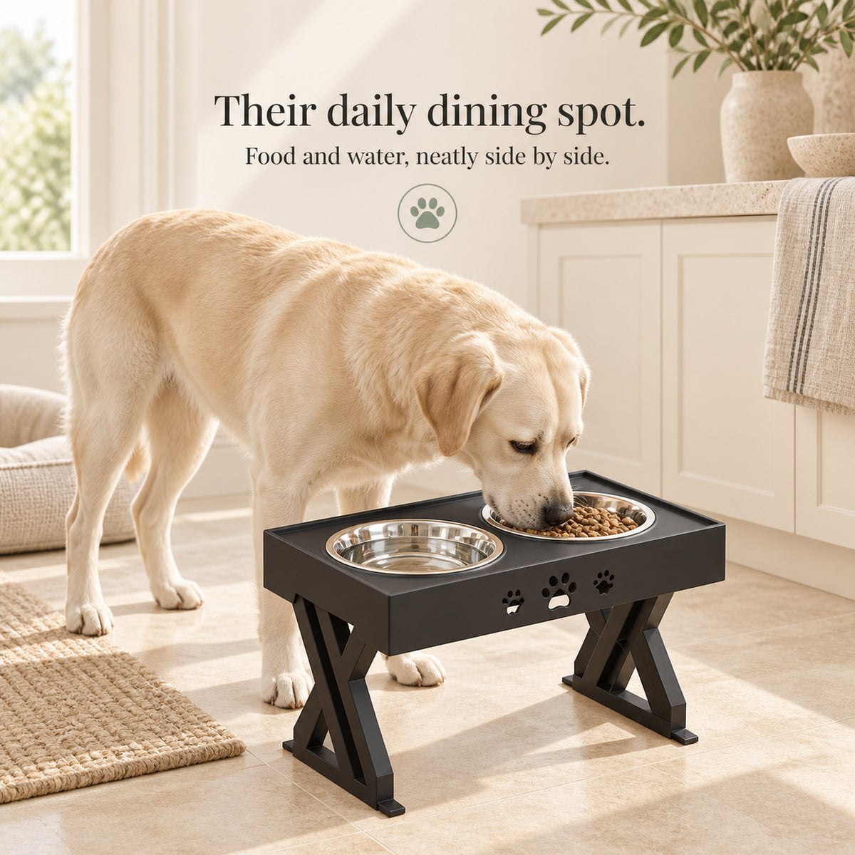 Labrador eating at black raised feeding station