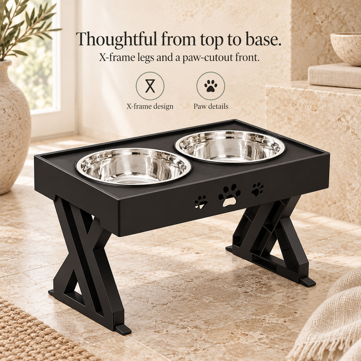 X-frame legs and paw-cutout detail on dog bowl stand