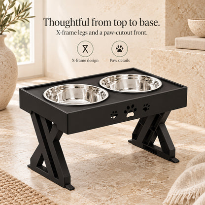 X-frame legs and paw-cutout detail on dog bowl stand