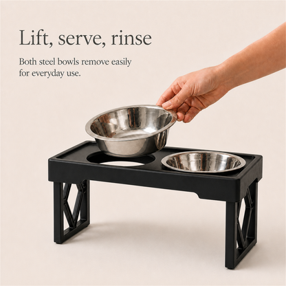 Removable stainless steel bowls and visible bowl holder opening