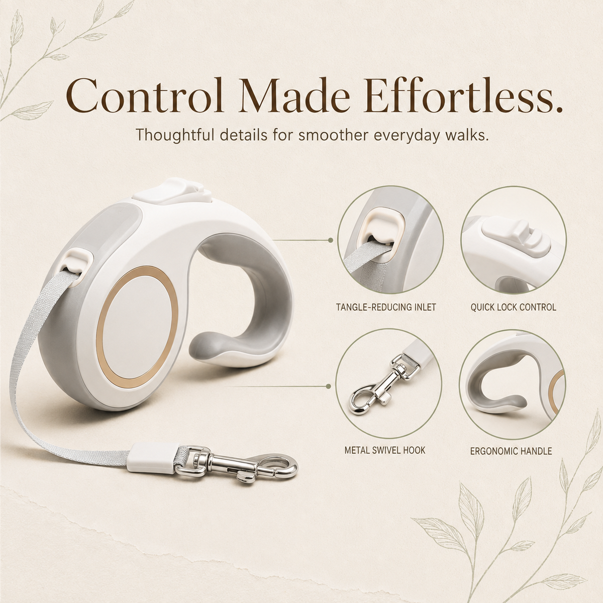 Retractable dog leash lock inlet swivel hook and ergonomic handle