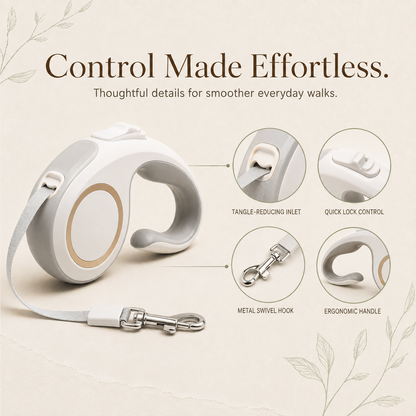 Retractable dog leash lock inlet swivel hook and ergonomic handle