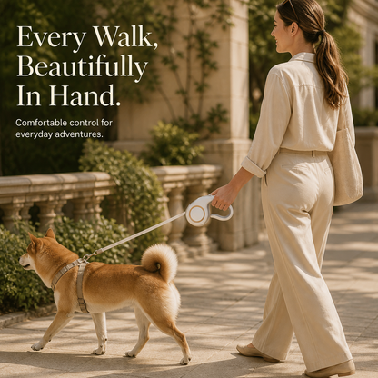 Woman walking Shiba Inu with white retractable dog leash