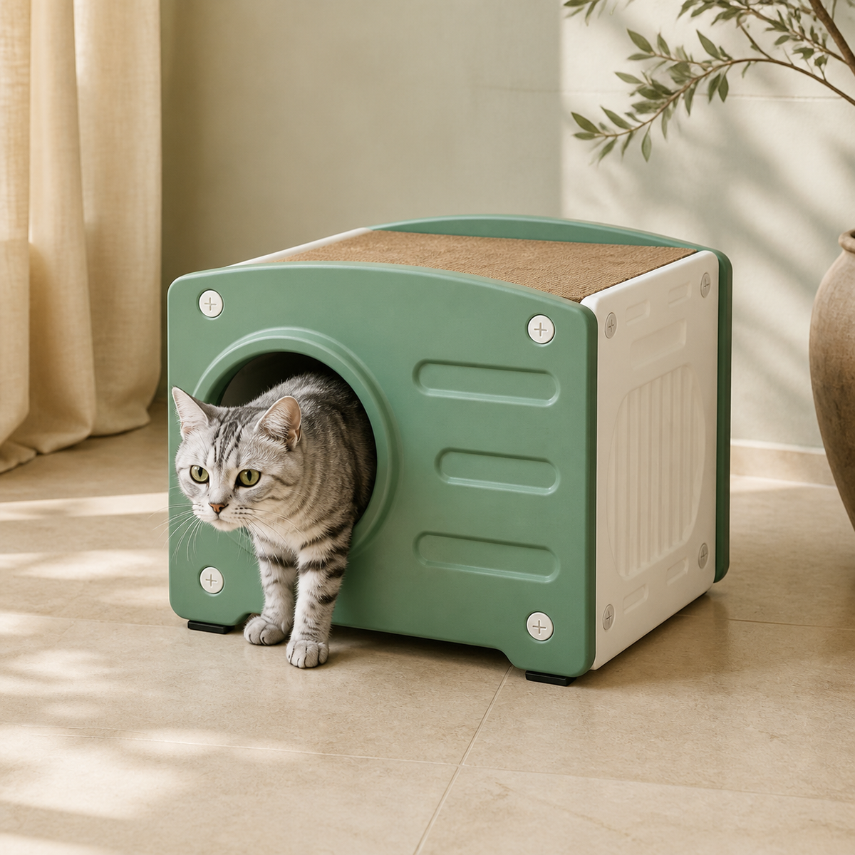 Sage green indoor cat house with top scratching pad and tabby cat