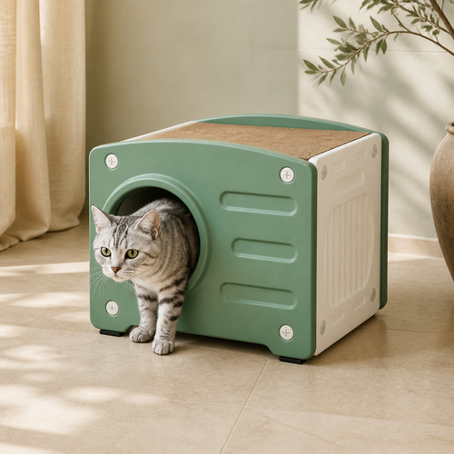 Sage green indoor cat house with top scratching pad and tabby cat