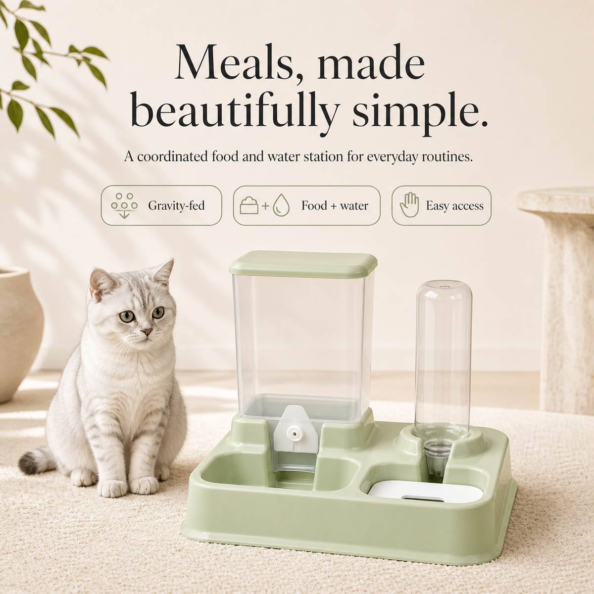 Sage green pet feeding station luxury lifestyle