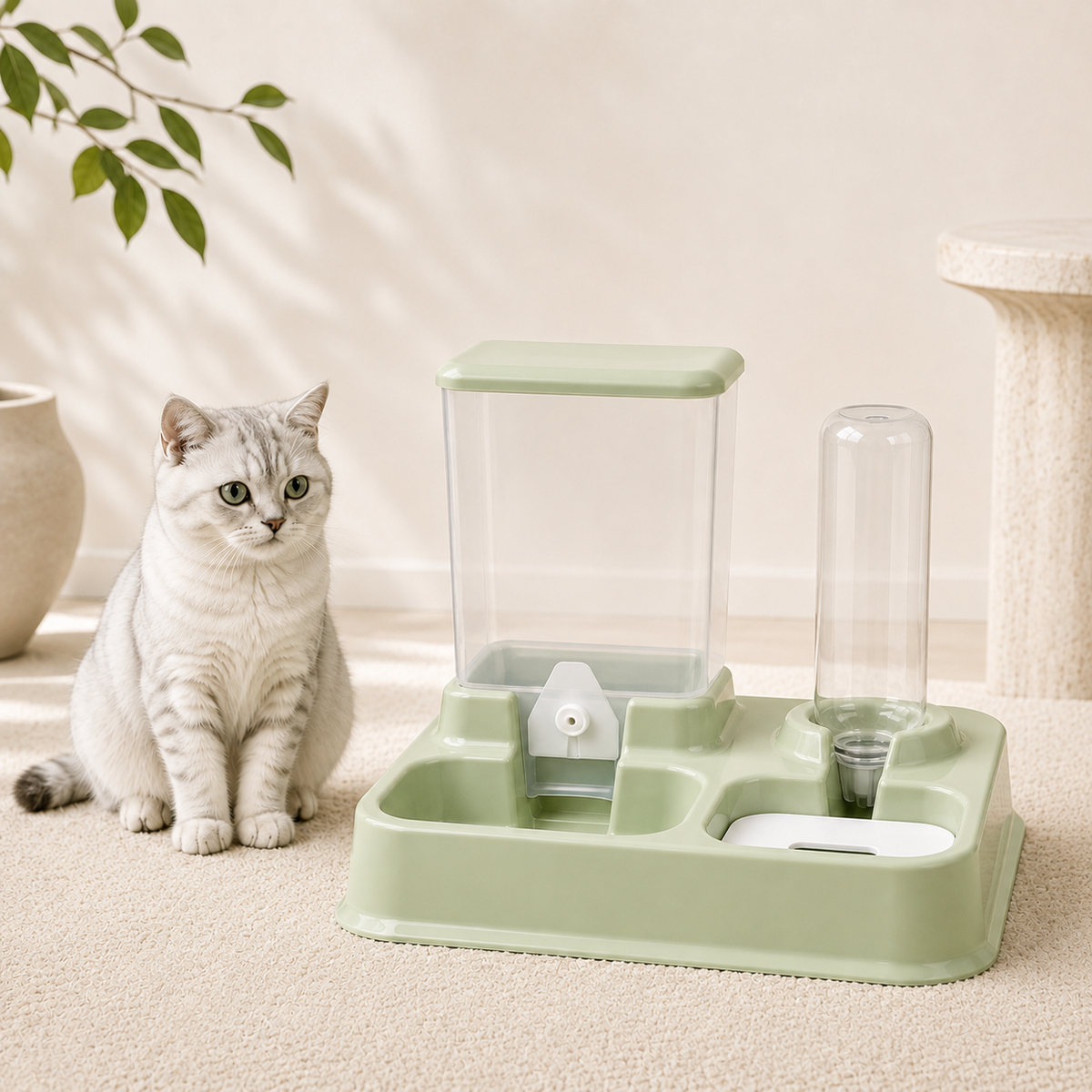 Pet food and water station in sage green with cat