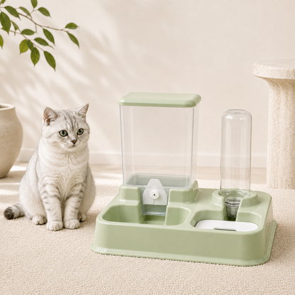 Pet food and water station in sage green with cat