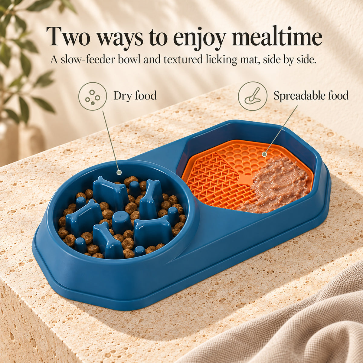 Two feeding zones for dry kibble and spreadable wet food