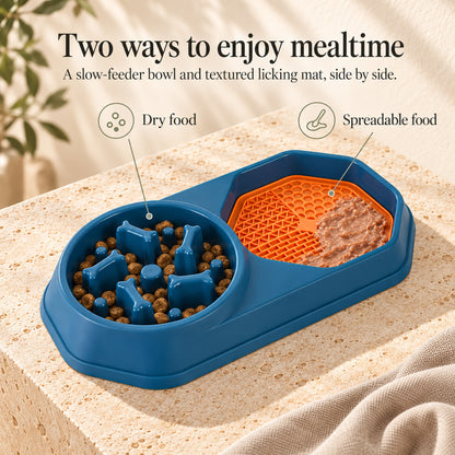 Two feeding zones for dry kibble and spreadable wet food