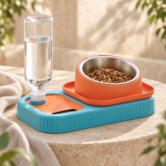 Orange and turquoise pet food bowl with gravity water bottle