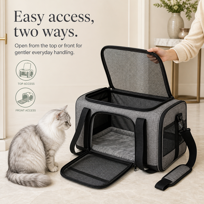 Top and front zip access on soft-sided pet carrier