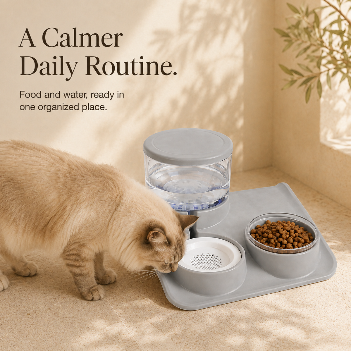 Cat using grey gravity pet food and water station