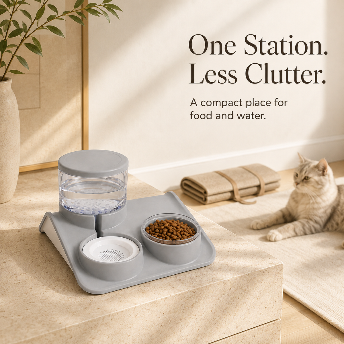 Compact grey food and water station for cats