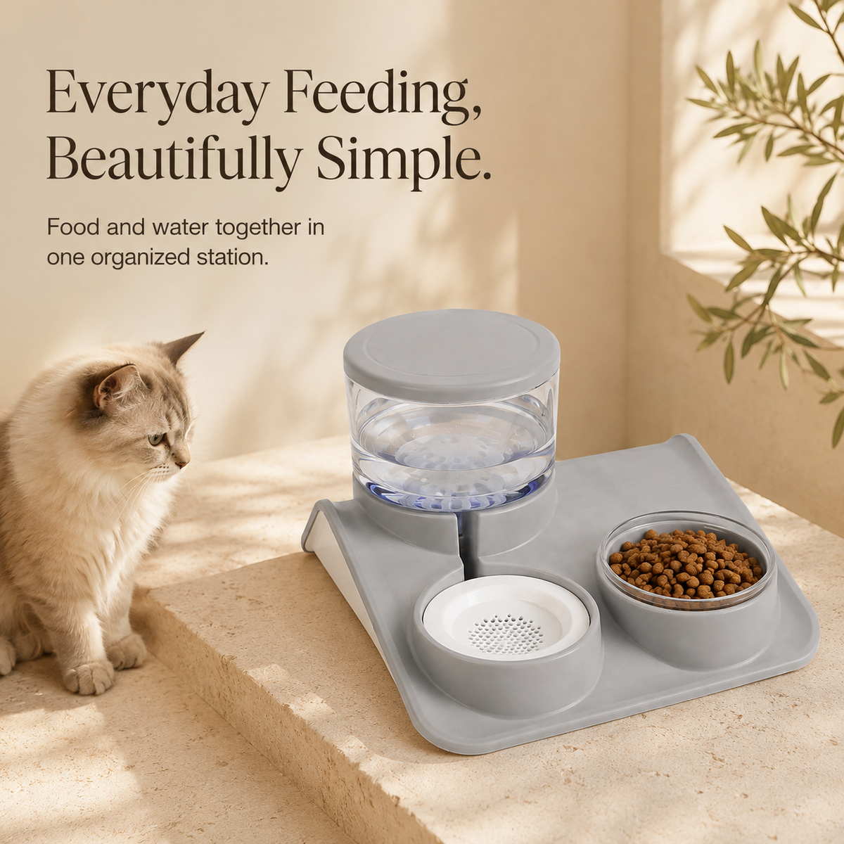 Grey pet food and water station with organized feeding message