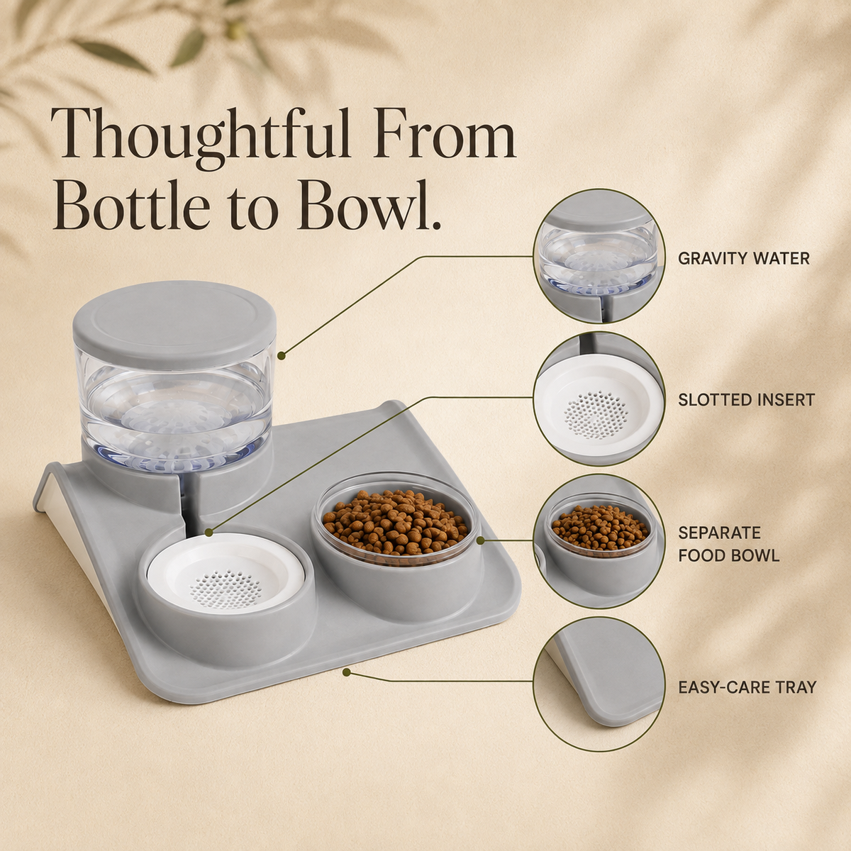 Gravity water bottle slotted insert food bowl and easy care tray details