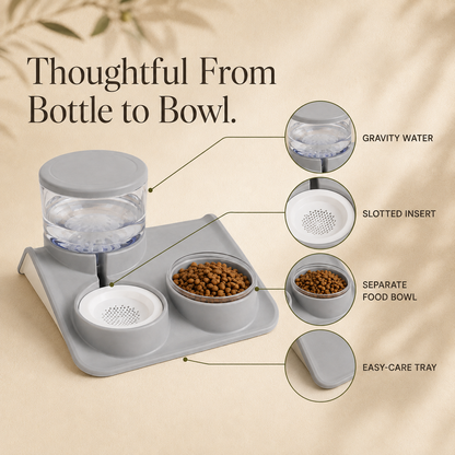 Gravity water bottle slotted insert food bowl and easy care tray details