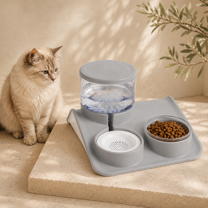 Grey gravity pet food and water station in luxury home setting