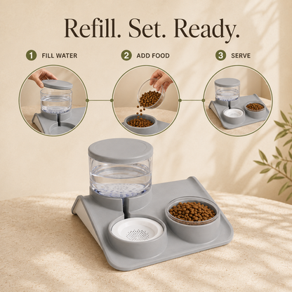 Three step refill guide for pet food and water station