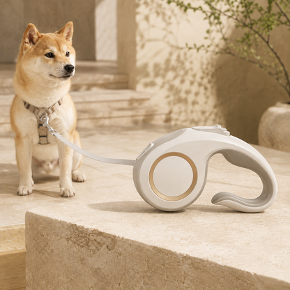 White retractable dog leash with ergonomic handle and Shiba Inu