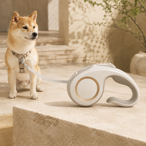 White retractable dog leash with ergonomic handle and Shiba Inu